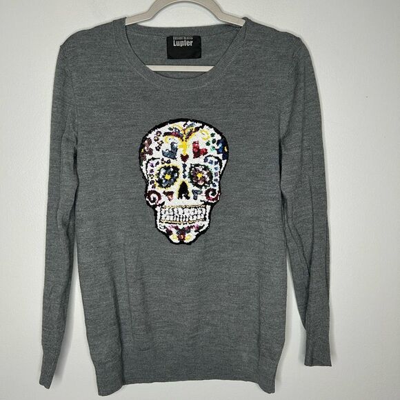 Markus Lupfer Gray Sequin Skull Sweater - Picture 2 of 4